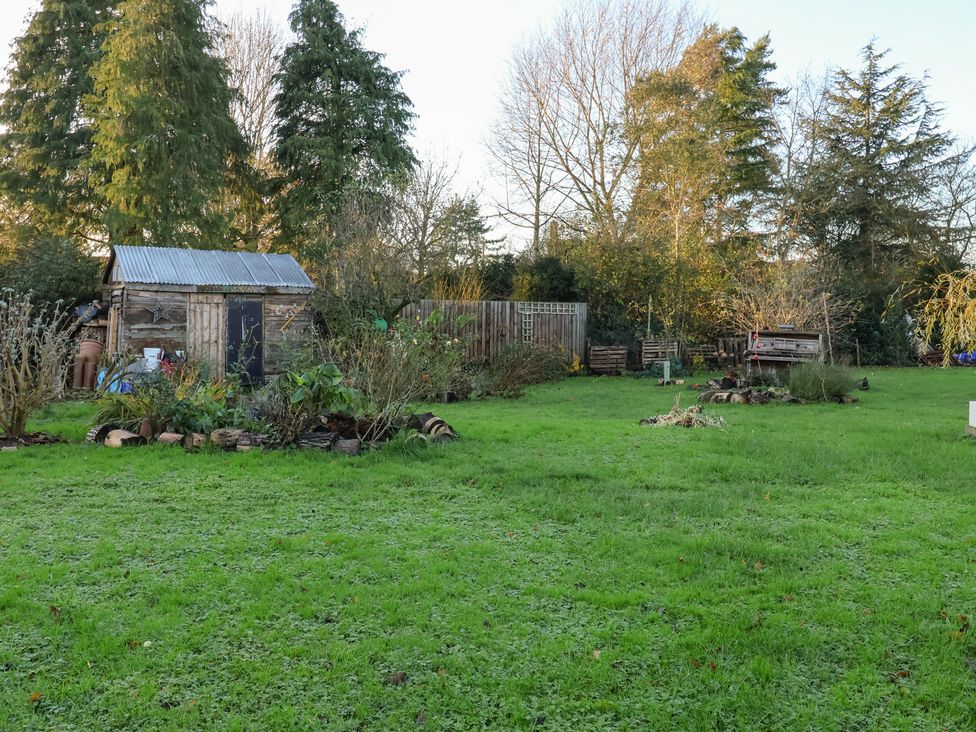 A garden with a shed and trees at The Hare & the Bumblebee Cottage