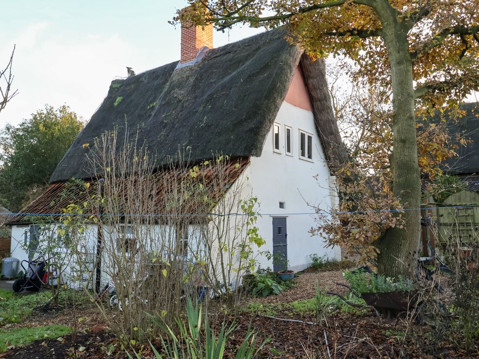 An outdoor view of a cottage with a thatched roof and garden at The Hare & the Bumblebee Cottage 