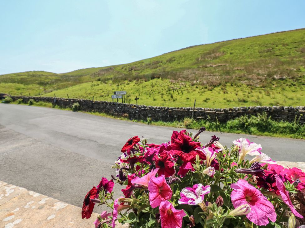 An outdoor area with flowers and a road at Wain Wath Cottage in Keld near Muker