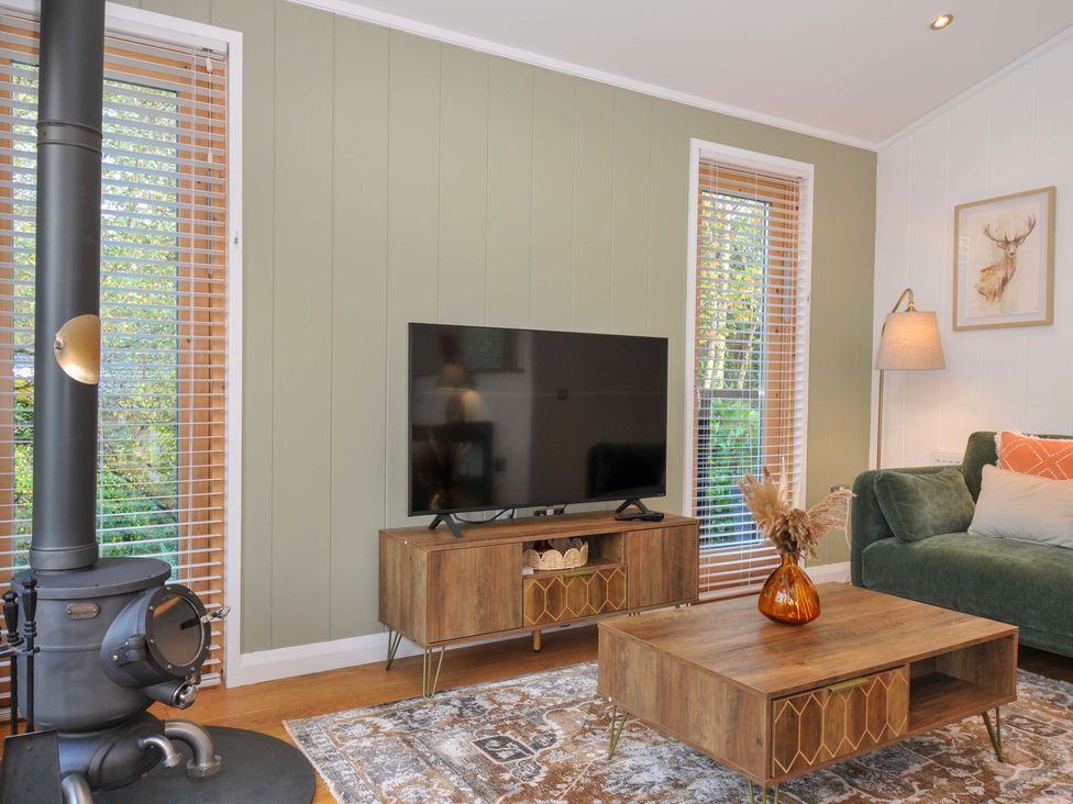 A living room with a wood stove and television at 6 Stonerush Valley in Looe