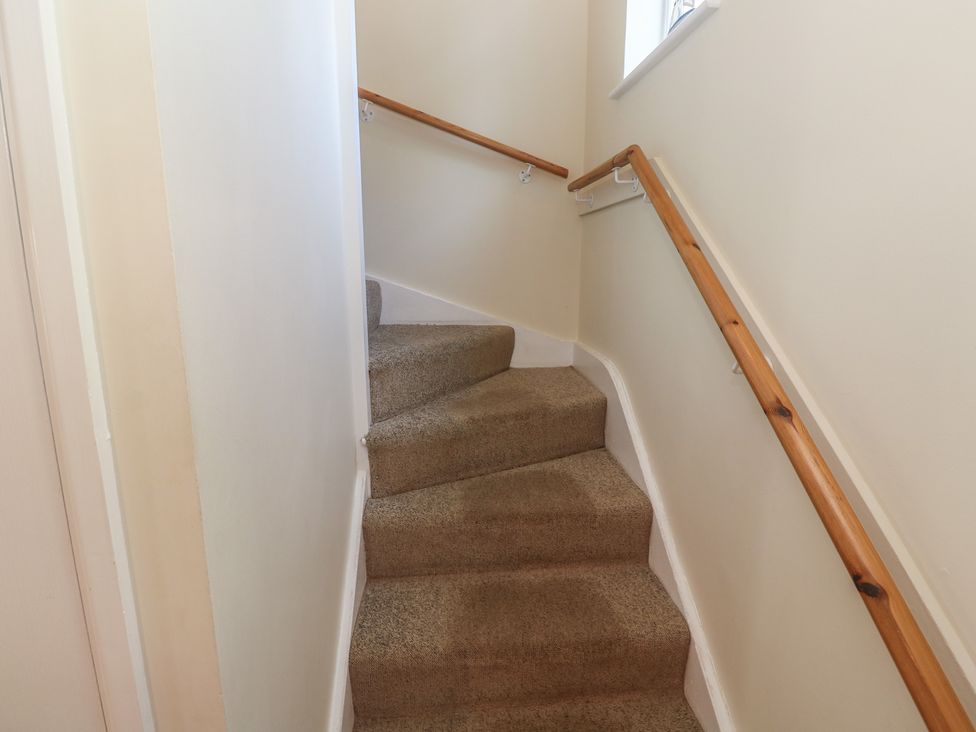 A staircase with carpet and handrail at Stargazy in Falmouth