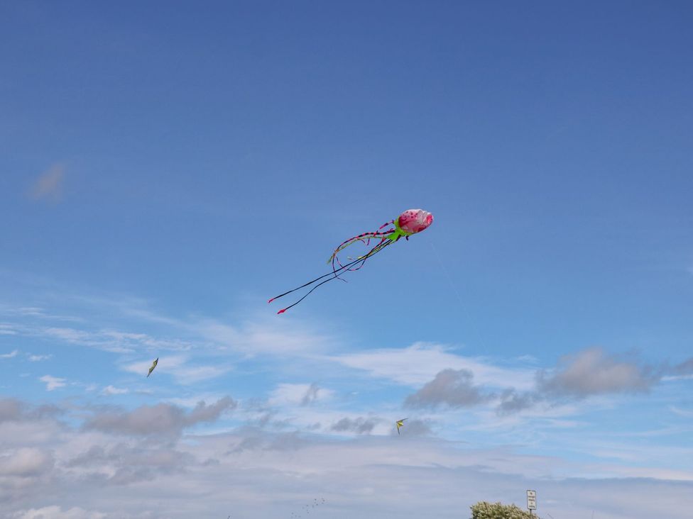 A kite flying in a blue sky with clouds at an outdoor location