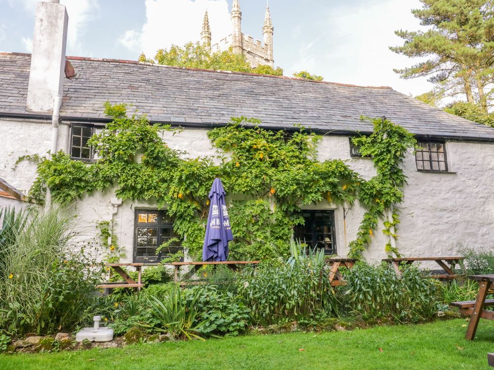 A cottage with green plants and benches at Camellia Cottage in Bodmin