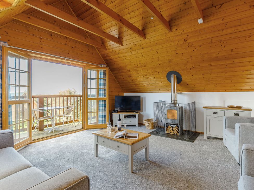 A living room with a fireplace and a television at Scandinavian Hot Tub Lodge Pet Portreath