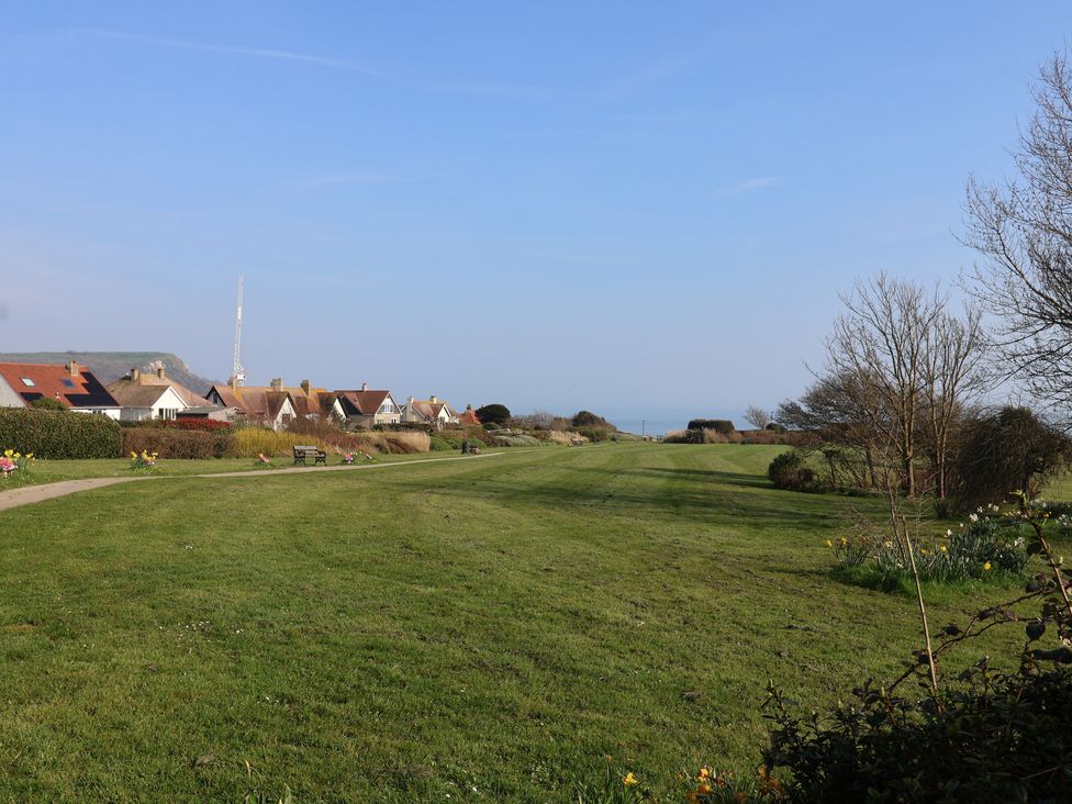 A view of a grassy area with houses and ocean at Fluta Seaton