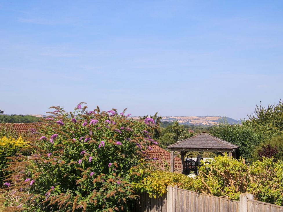 A garden with a gazebo and flowering bushes at The Rumbles in Ludlow