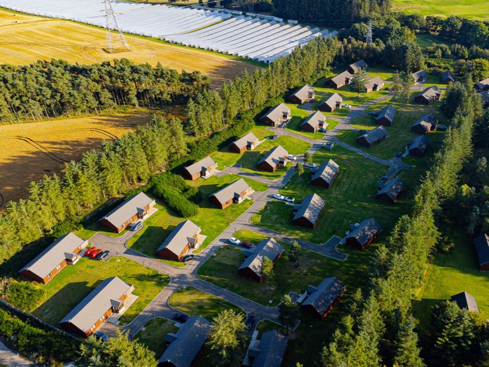 An aerial view of cabins surrounded by grass and trees at Muirloch Spa Plus in Dundee