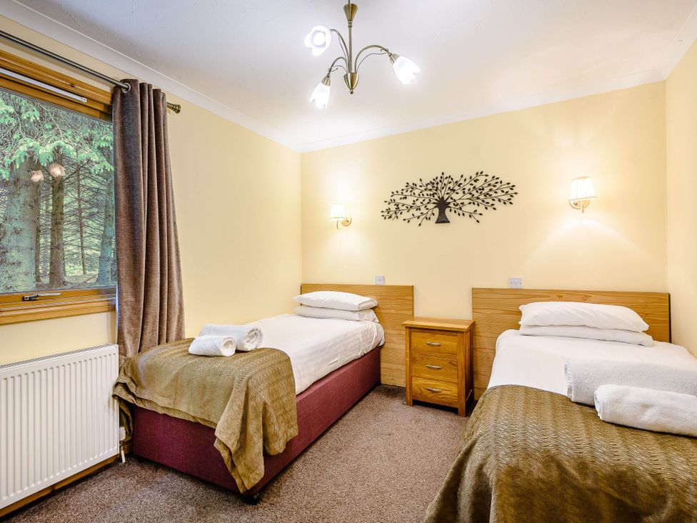 A bedroom with two beds and a window at Barnard Lodge (Pet) Dundee