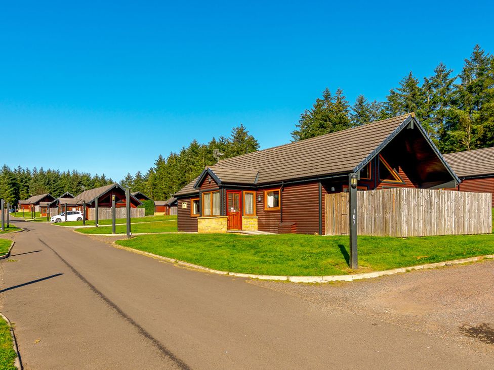 A outdoor area with cabins and a road at Rainbow Spa Plus (Pet) in Dundee