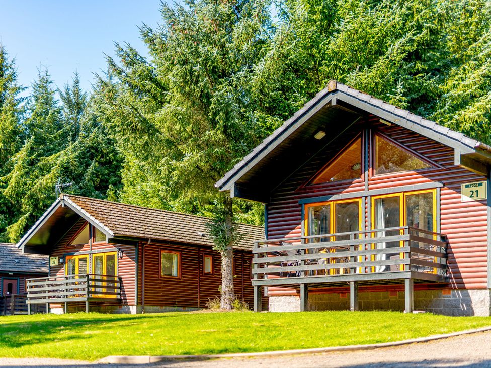 Two cabins with decks and surrounding trees at Osprey Lodge (Pet) Dundee