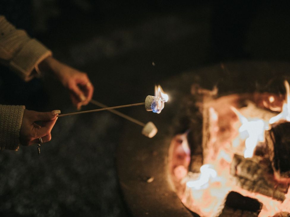 A person roasting marshmallows over a fire pit at Luxury One Bedroom Retreat in Waltham