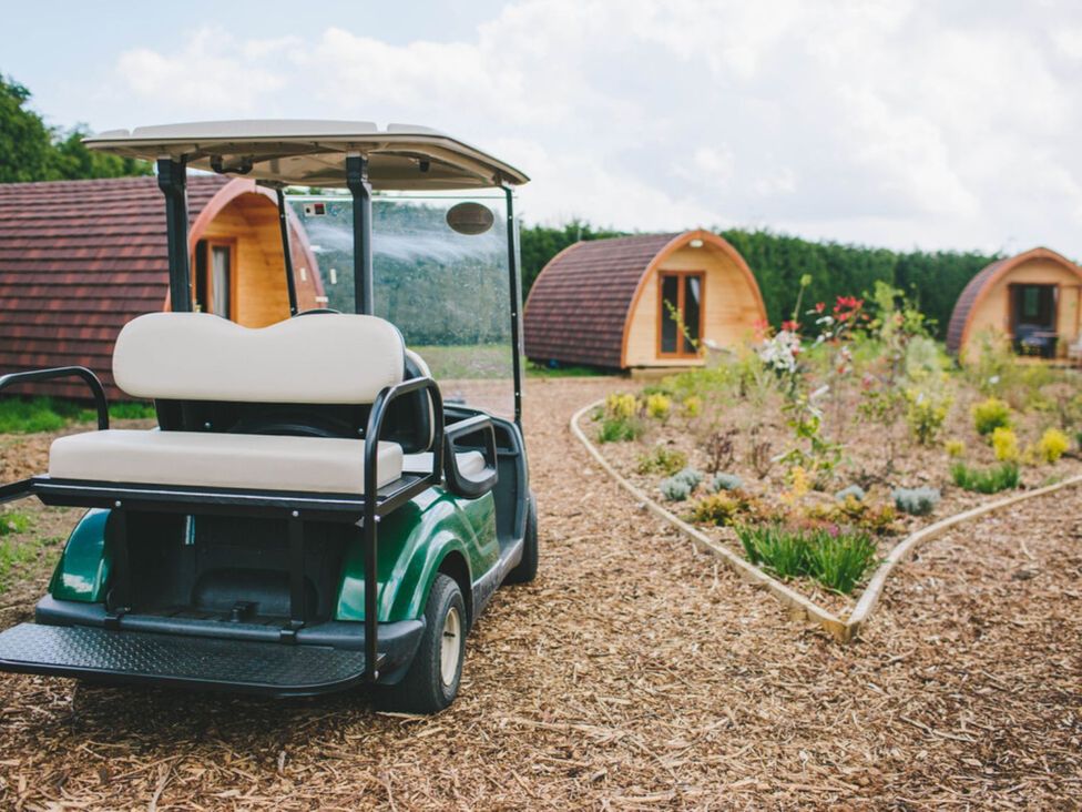 A golf cart in a garden area with wooden cabins at Dream View in Waltham