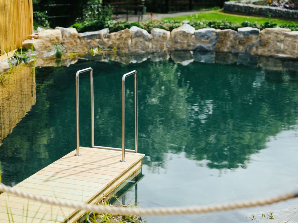 A pond with a wooden dock and metal railing at Goldfinch in Waltham