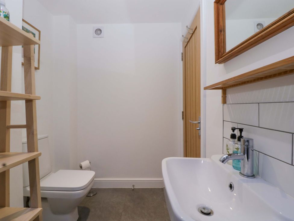 A bathroom with a toilet, sink, mirror, shelf and a ladder at The Swan in Whitney-On-Wye