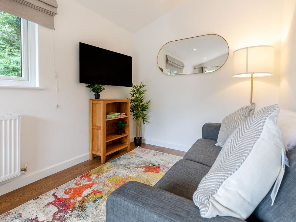 A living room with a television and a sofa at Tremewan Spa Pet in Perranporth