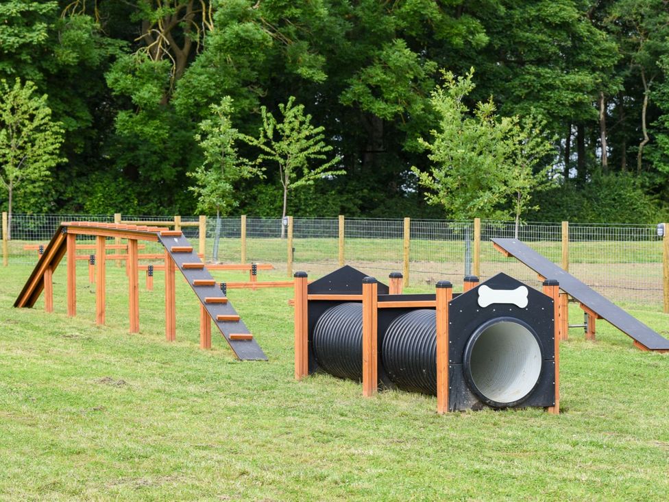 An outdoor agility course with ramps and tunnels in Greystone Great Ayton