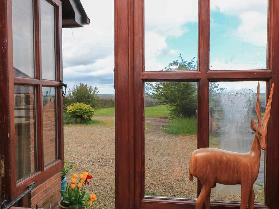 A window with a wooden deer statue and tulips overlooking a garden at The Stables in Fifehead Neville near Hazelbury Bryan