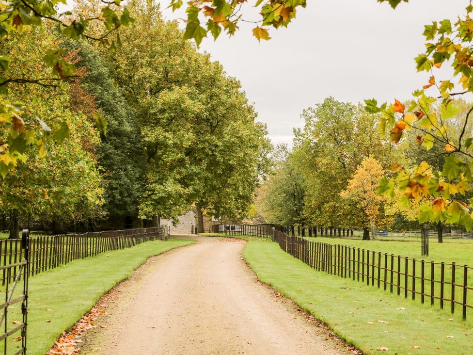 A dirt road lined with trees and a fence at The Old Swill House in Foxham