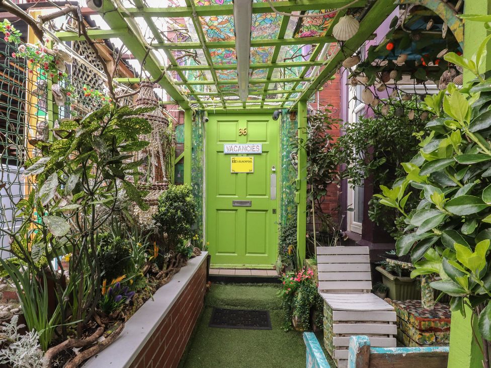 A garden with a green door and plants at Number 6 Blackpool