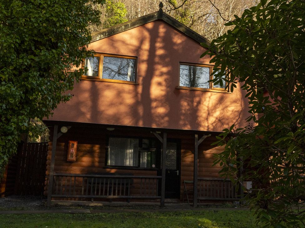 A cabin with windows and a door surrounded by trees at 3-bedroom Cabin (2 of 13) Port Talbot