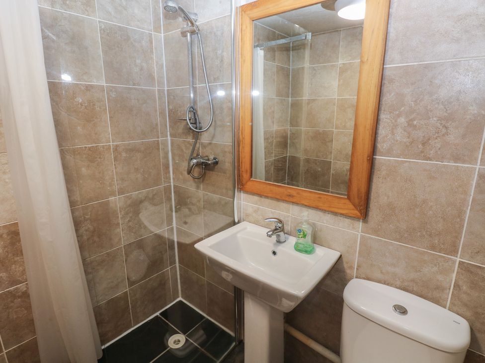 A bathroom with a shower, sink, and toilet at Cabin No. 2 - Salt and Fern Cabins Goytre near Port Talbot