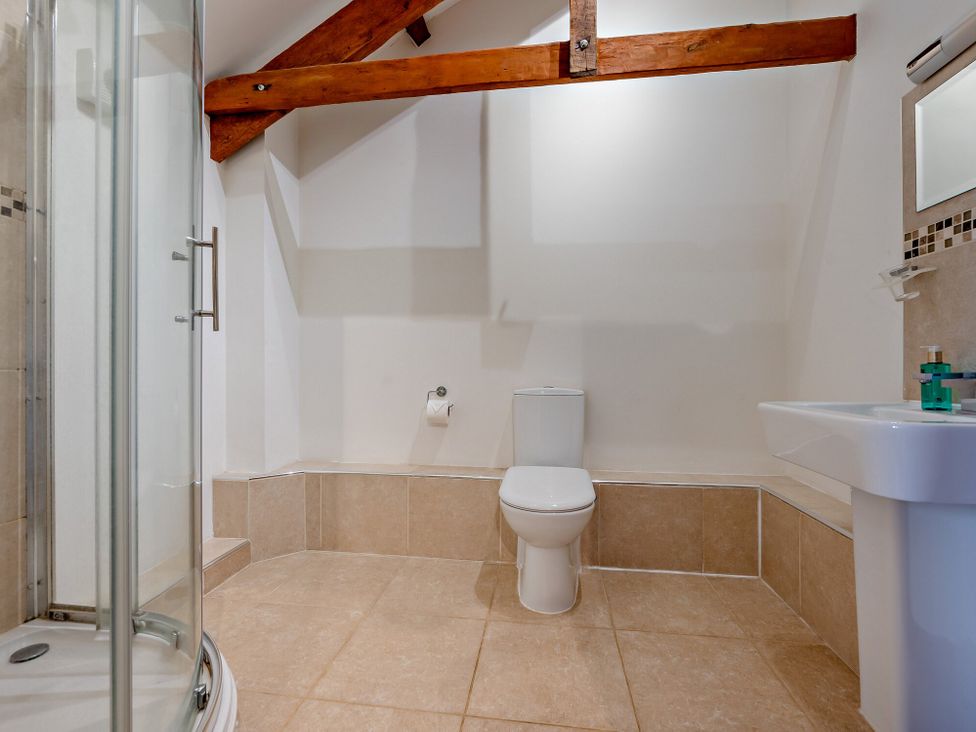A bathroom with a shower, toilet, and sink at Middle Hill in Marhamchurch