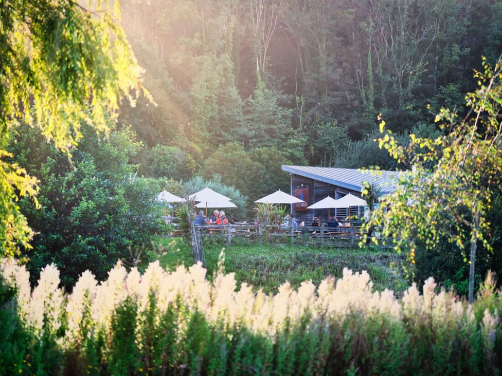 An outdoor area with a building and seating at Whalesborough Cottage Spa in Marhamchurch