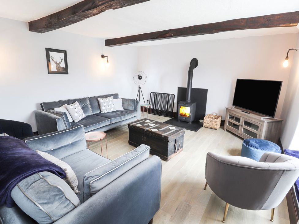 A living room with a sofa and fireplace at Cae Adar Farm in Wrexham