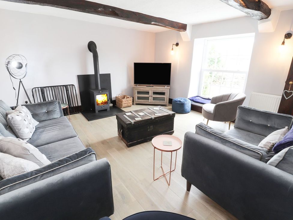 A living room with a television and fireplace at Cae Adar Farm in Wrexham