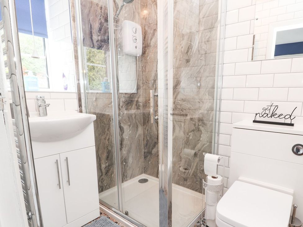 A bathroom featuring a shower, sink, and toilet at Cae Adar Farm in Wrexham