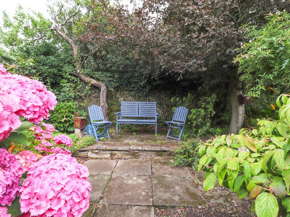 A garden with a bench and chairs surrounded by flowers at Cae Adar Farm in Wrexham
