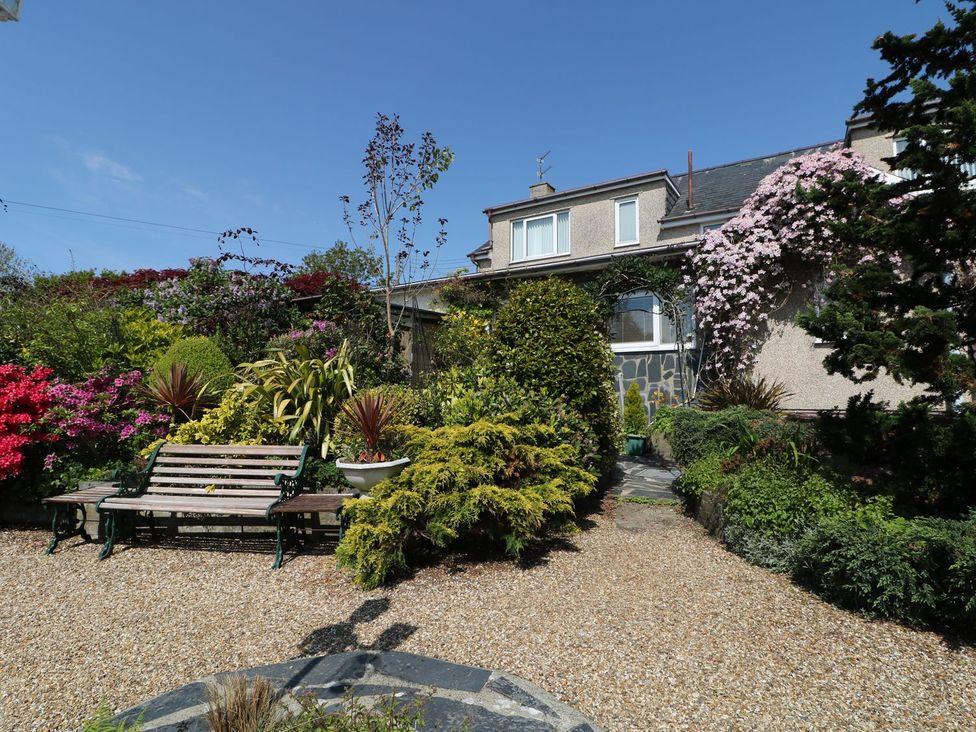 A garden with a bench and various plants at Llwyn Derw in Talybont