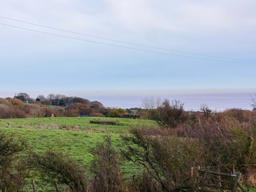 A view of fields and the ocean at Rosefinch Cabin in Scarborough