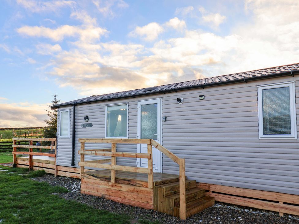 An outdoor view of a cabin with wooden steps and a grassy area at Swift Cabin in Scarborough