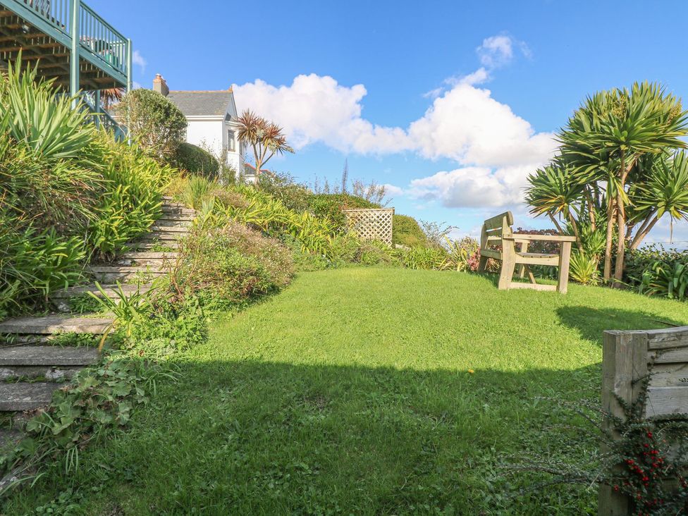 A garden with a bench and plants at Harbour Lights in Penzance