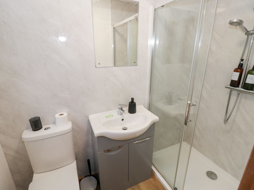 A bathroom with a shower, sink and toilet at Birch Lodge in Rugeley