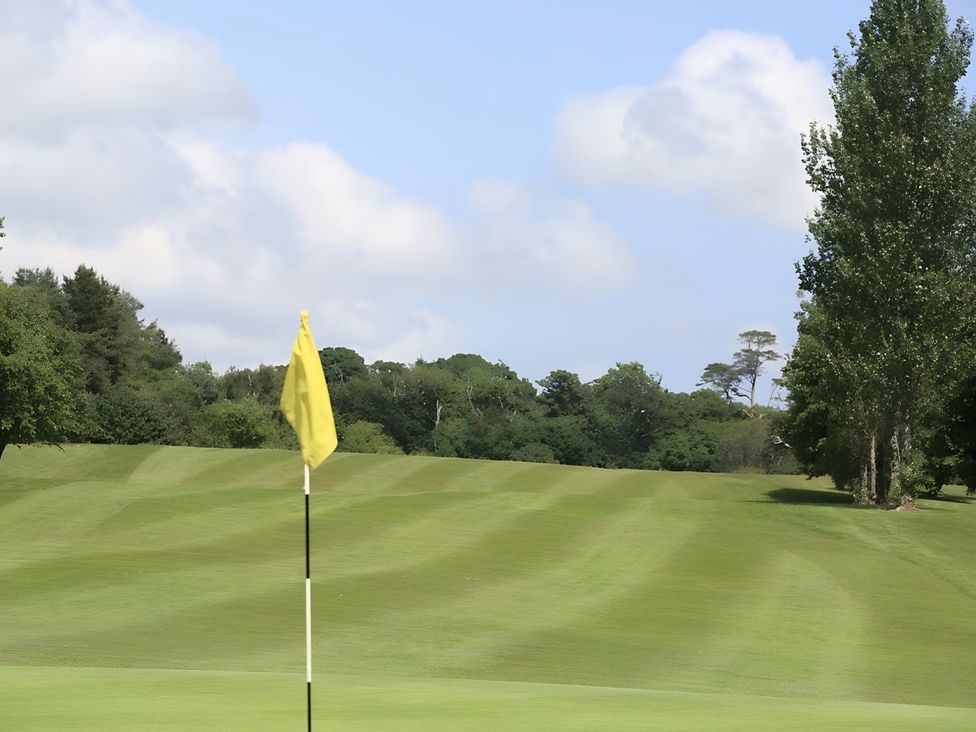 A golf course with a yellow flag and trees at The Rocks in Newry