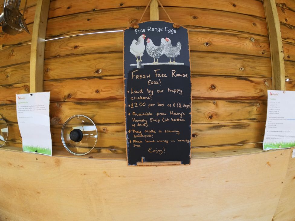 A sign for fresh free range eggs on a wooden wall at Rosebud Meadow Pod 4 in Malvern
