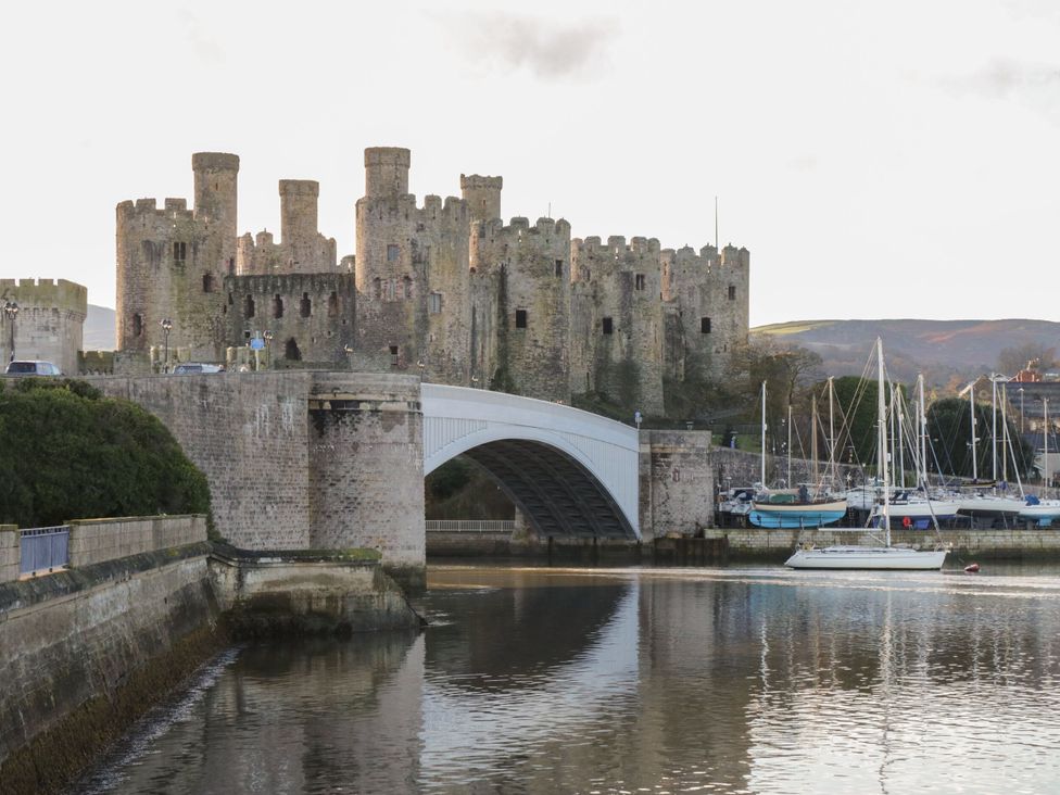 A castle with a bridge and boats in the marina at Upstairs at the Sun Inn, Mold