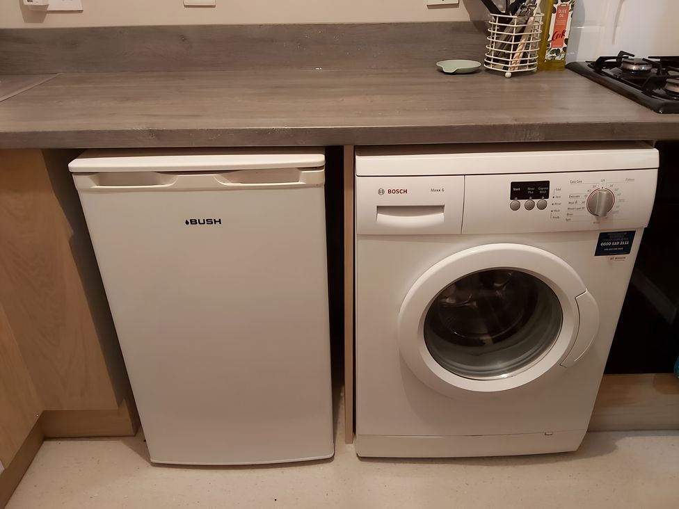 A fridge and washing machine side by side in a kitchen at 87 Ballyveaghmore Road in Newry