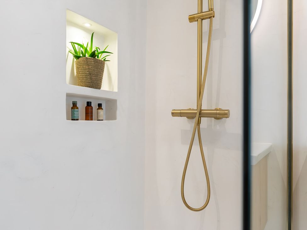 A bathroom with a shower and shelf containing bottles and a plant at Seafront Apartment in Donaghadee