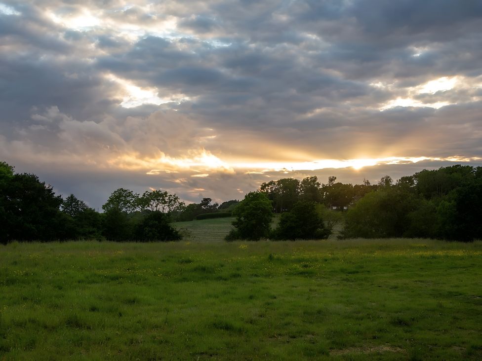 A field with trees and clouds during sunset at Badger - Luxury Glamping Retreat in Battle