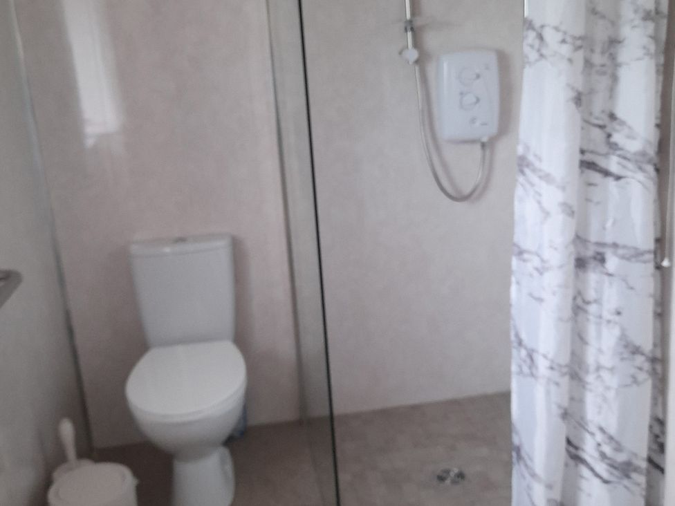 A bathroom with a shower and toilet at The Farmhouse in Omagh