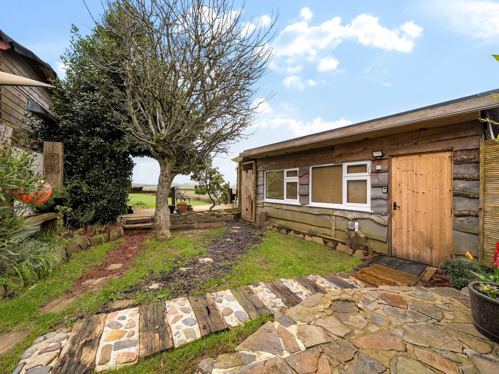 An outdoor view of a cabin with a tree and pathway at The Retreat Cabin in Llanelli