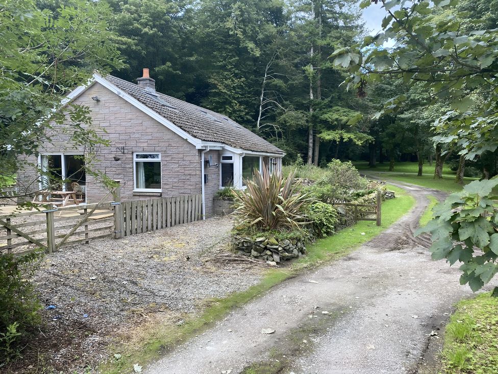 A cottage surrounded by trees with a gravel path at Whispering Trees Cottage in Thornhill