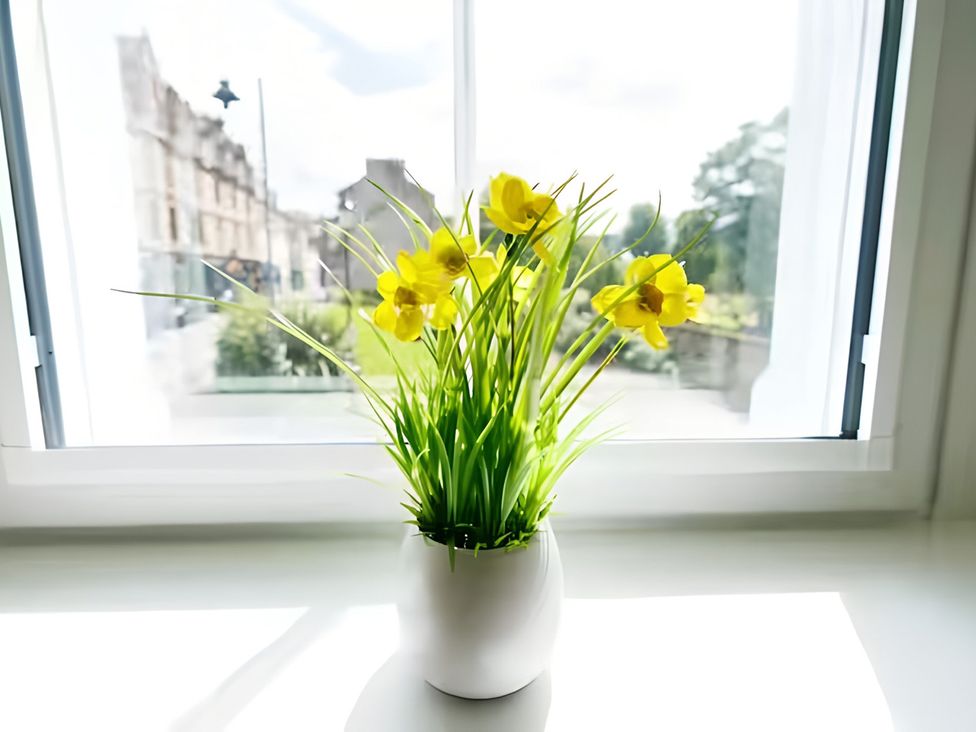 A flower pot with yellow flowers on a table by the window at Robert the Bruce Apartment in Dunfermline