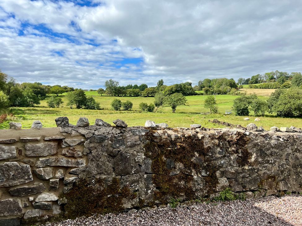 A view of trees and grass fields behind a stone wall at Penderyn Cottage Aberdare