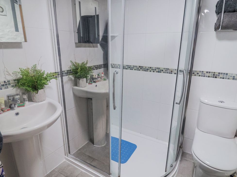 A bathroom with a shower, sink, and toilet at Honeypot Cottage Whitchurch Canonicorum