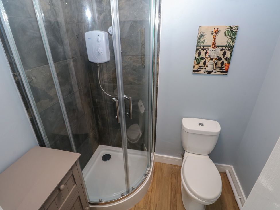 A bathroom with a shower and toilet at Heidiaway Lodge in Porth