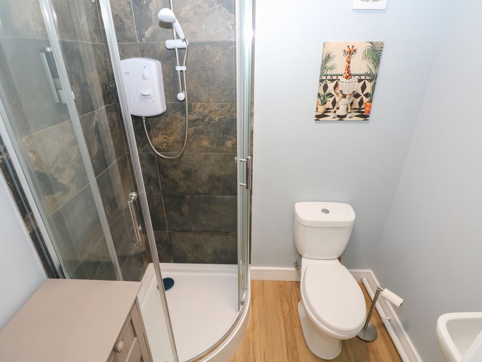 A bathroom with a shower and a toilet at Heidiaway Lodge in Gilfach Goch